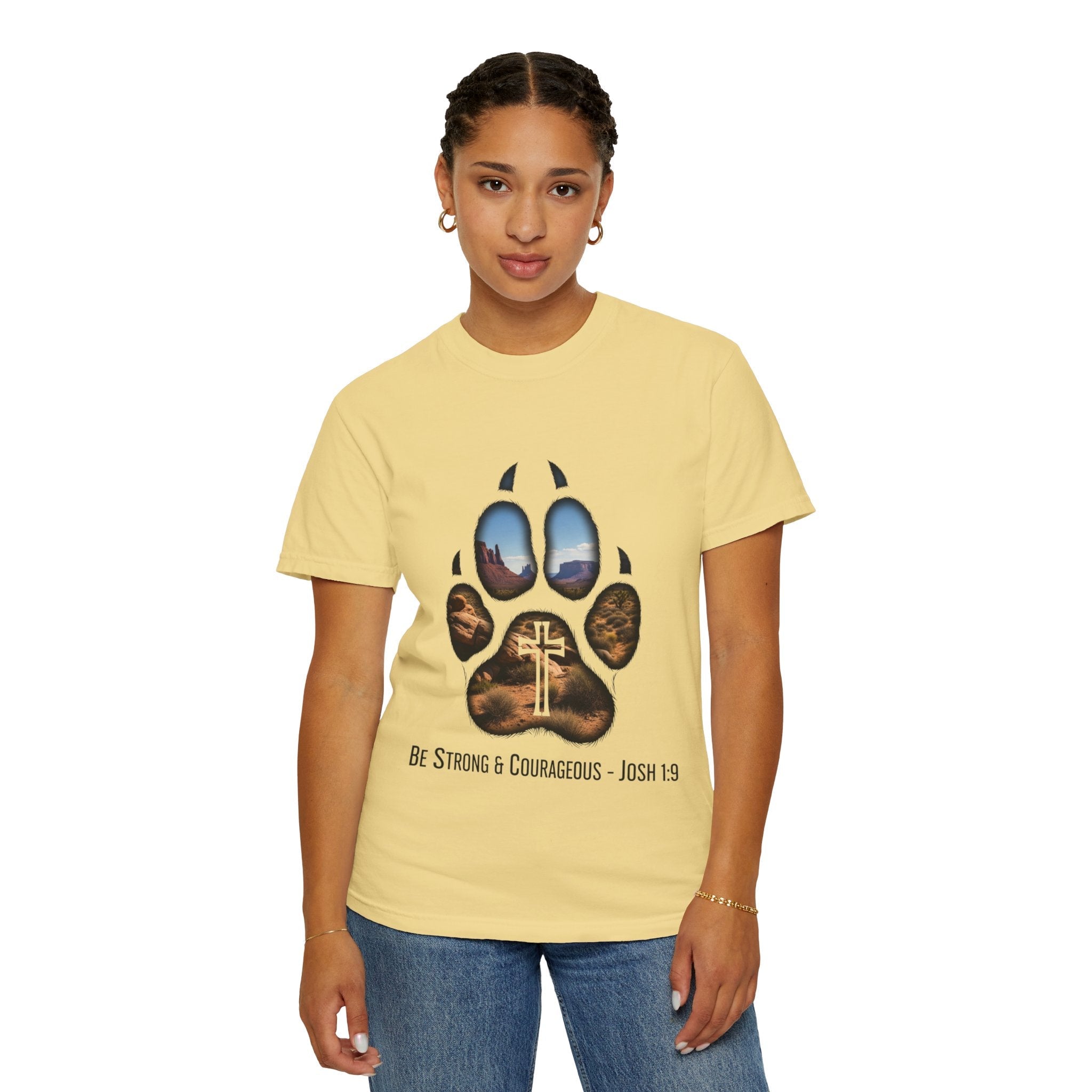 Strong and Courageous T-Shirt – Canine Pawprint Desert Joshua 1:9 Christian Tee Printify