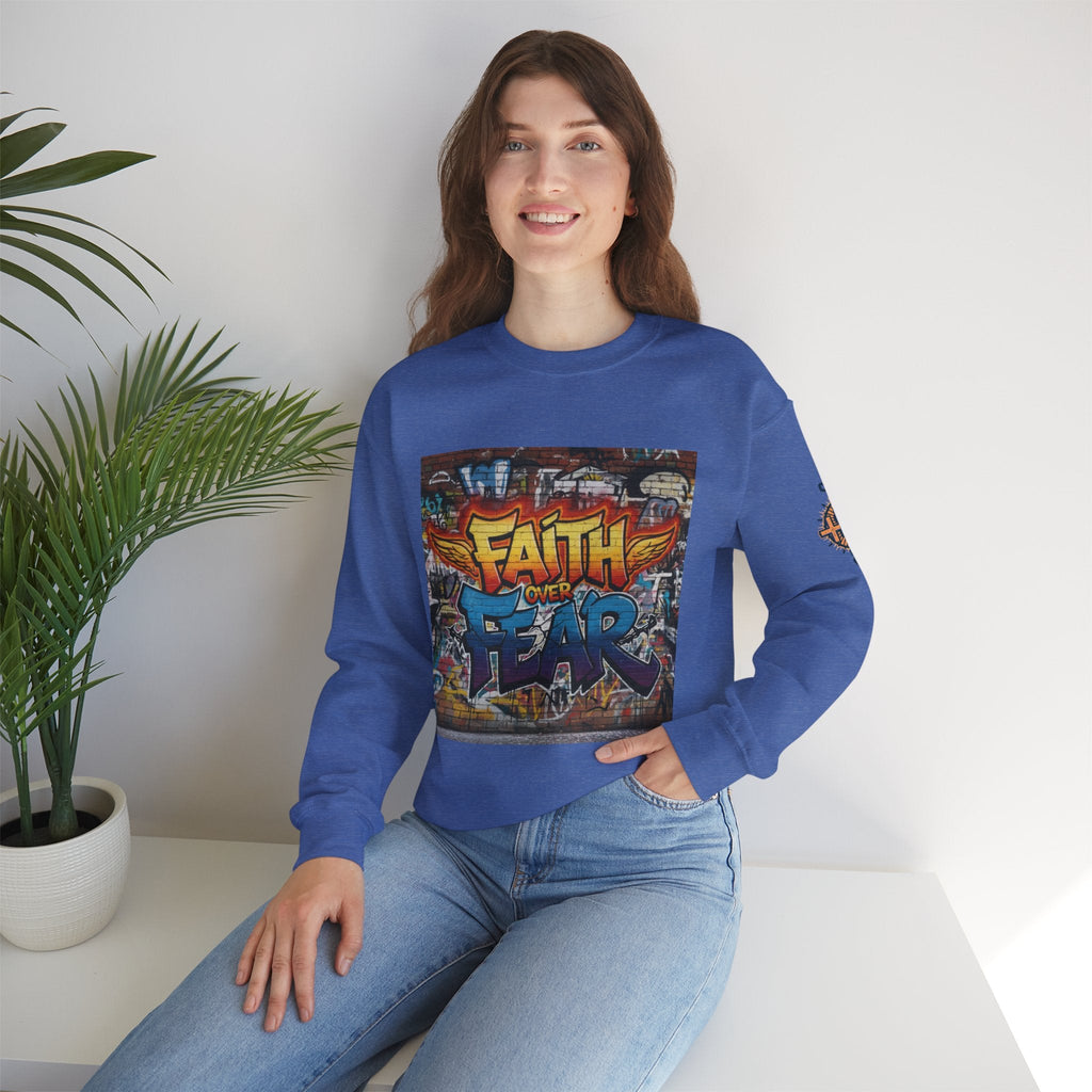 Faith Over Fear Sweatshirt – Graffiti Wall Christian Sweatshirt for Bold 2 Corinthians 5:7 Streetwear & Unshakable Faith Printify