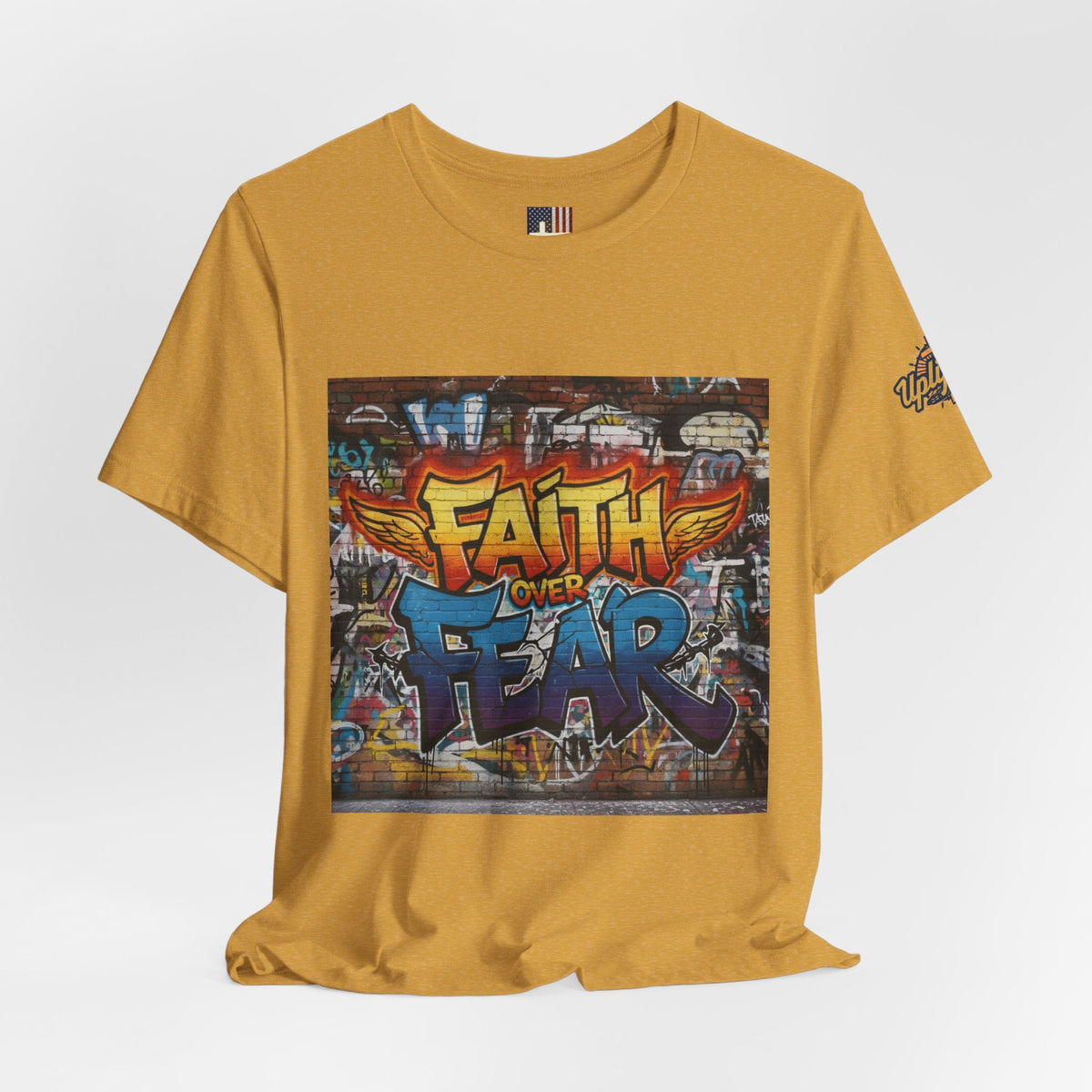 Faith Over Fear T-shirt – Graffiti Wall Christian T-shirt for Bold 2 Corinthians 5:7 Streetwear & Unshakable Faith Printify