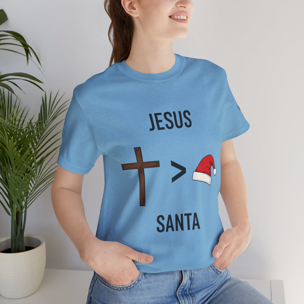🎄 Jesus > Santa – Minimalist Christian Christmas T-Shirt | Bold Faith Over Holiday Tee | Cross vs Santa Hat Design | Uplifted Gear Printify