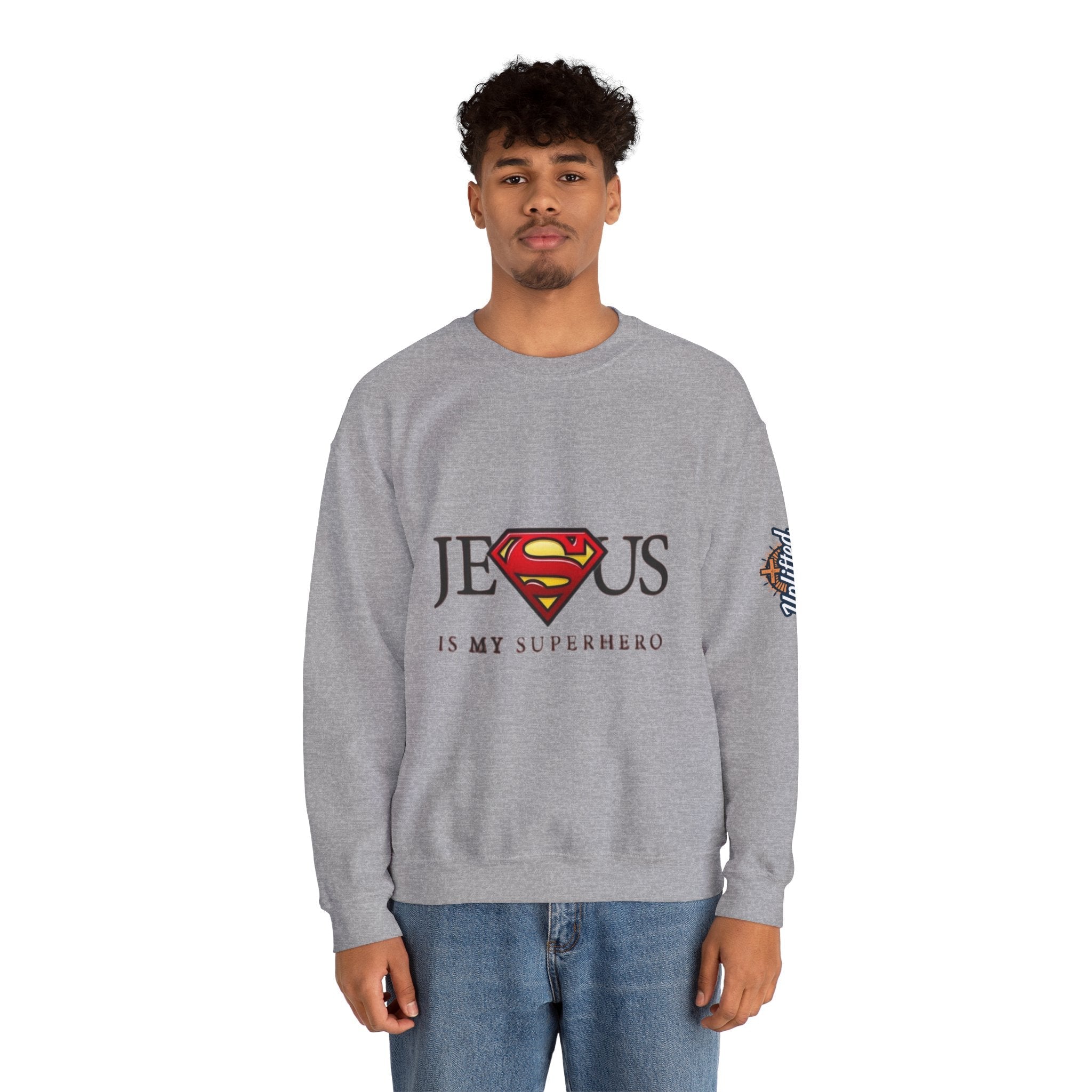 Jesus Is My Superhero Crewneck Sweatshirt Printify