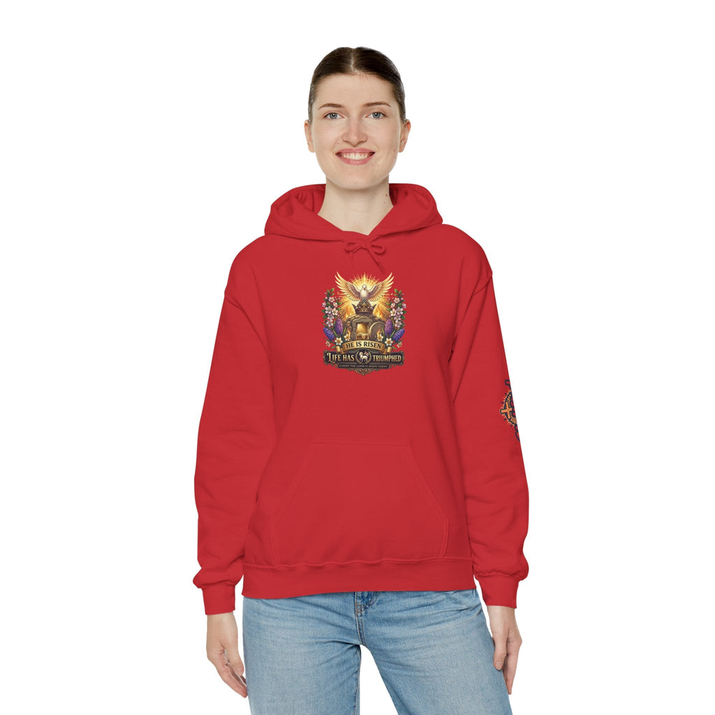 He Is Risen "Life Has Triumphed" Hoodie — Easter Resurrection Christian Hoodie Printify