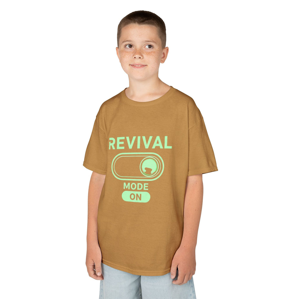 🔥 Revival Mode: ON – Christian Techwear Kids T-Shirt | Glowing Green Faith Switch | Futuristic Jesus Shirt | Activate Your Spiritual Awakening | Uplifted Gear Printify