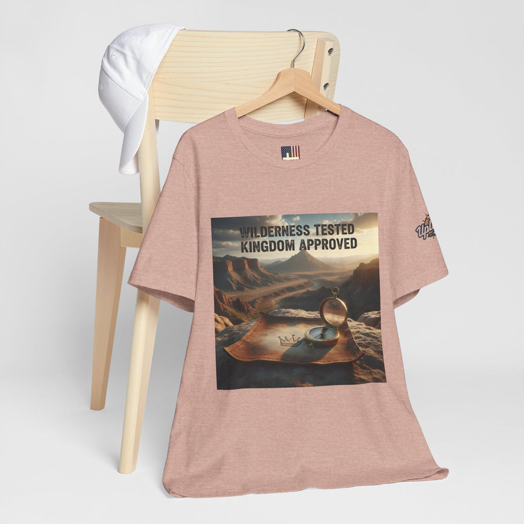 Wilderness Tested Kingdom Approved T-shirt – Mountain Desert Compass Crown Christian T-shirt for Biblical Adventure Faith Printify