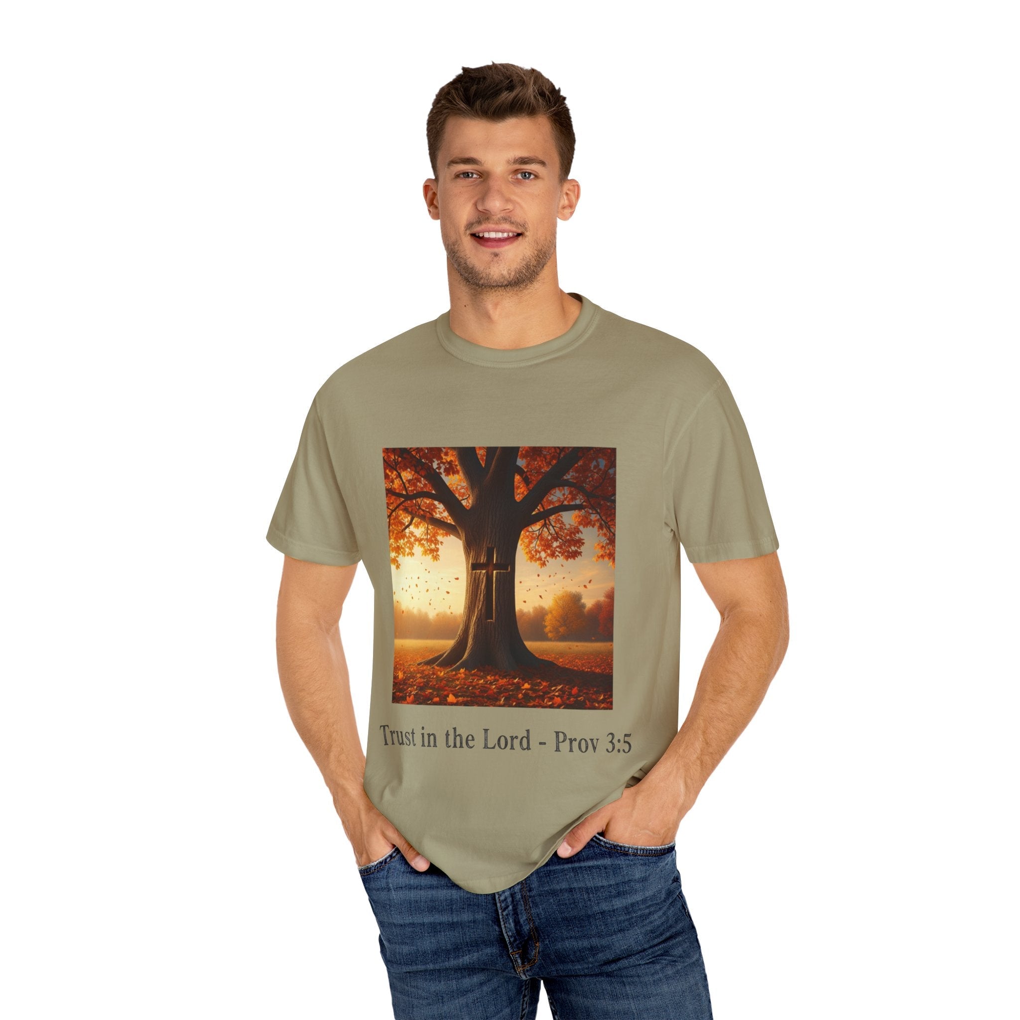 Trust in the Lord T-Shirt – Autumn Tree Christian Tee with Proverbs 3:5 Printify