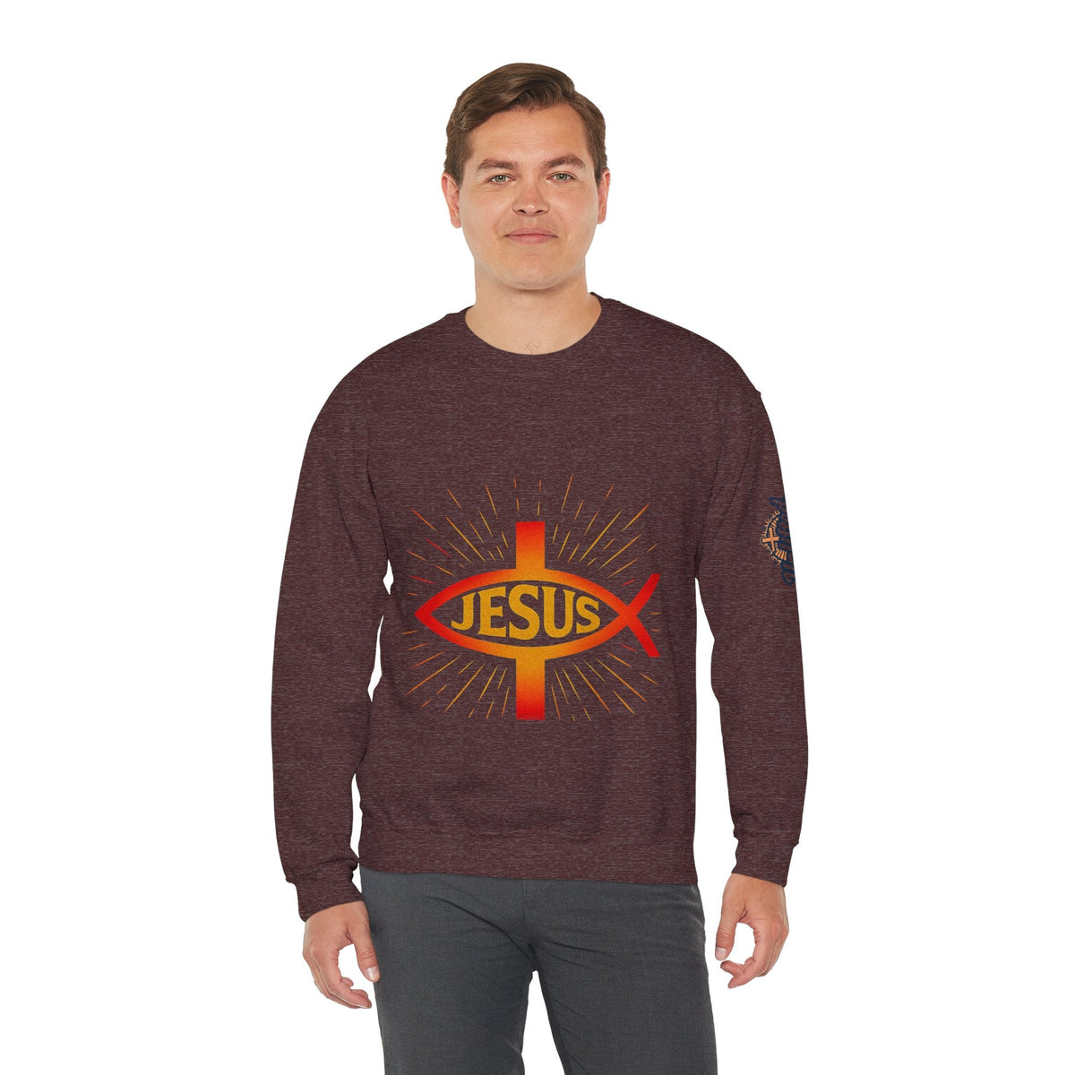 Jesus Ichthys Sweatshirt – Christian Fish Symbol with Cross & Jesus Inscription Sweatshirt for Eternal Faith & Streetwear Printify