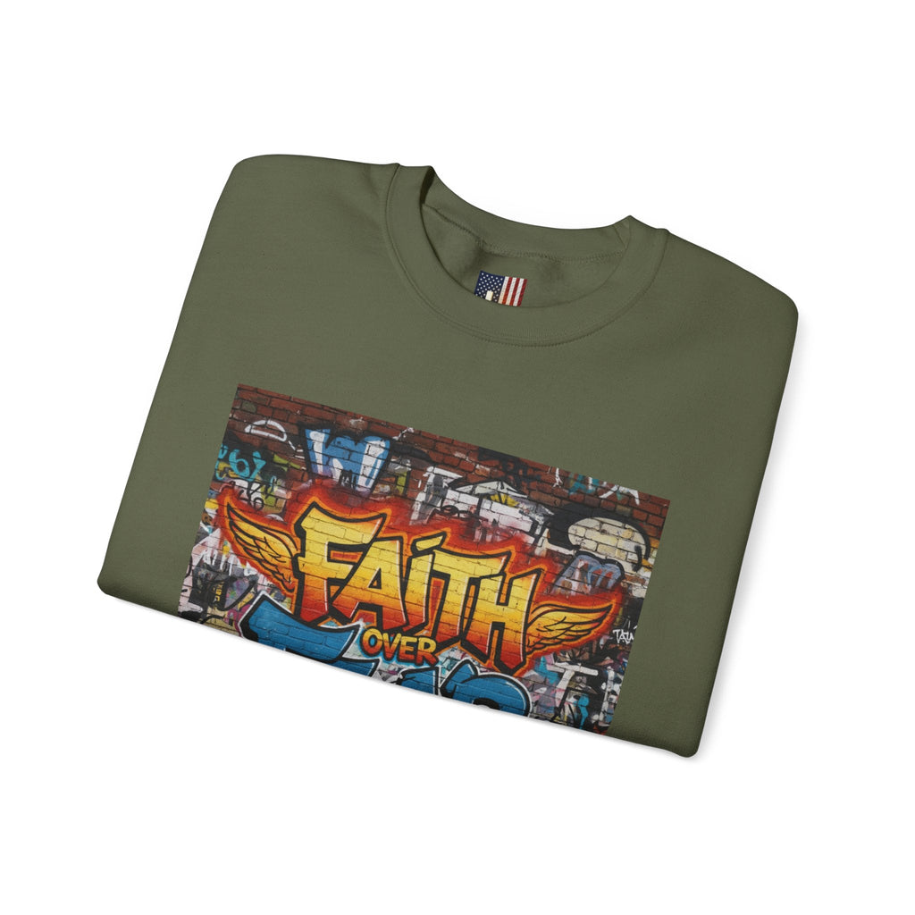 Faith Over Fear Sweatshirt – Graffiti Wall Christian Sweatshirt for Bold 2 Corinthians 5:7 Streetwear & Unshakable Faith Printify