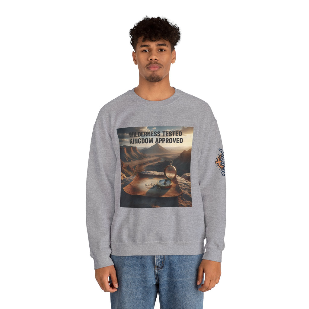 Wilderness Tested Kingdom Approved Sweatshirt – Mountain Desert Compass Crown Christian Sweatshirt for Biblical Adventure Faith Printify