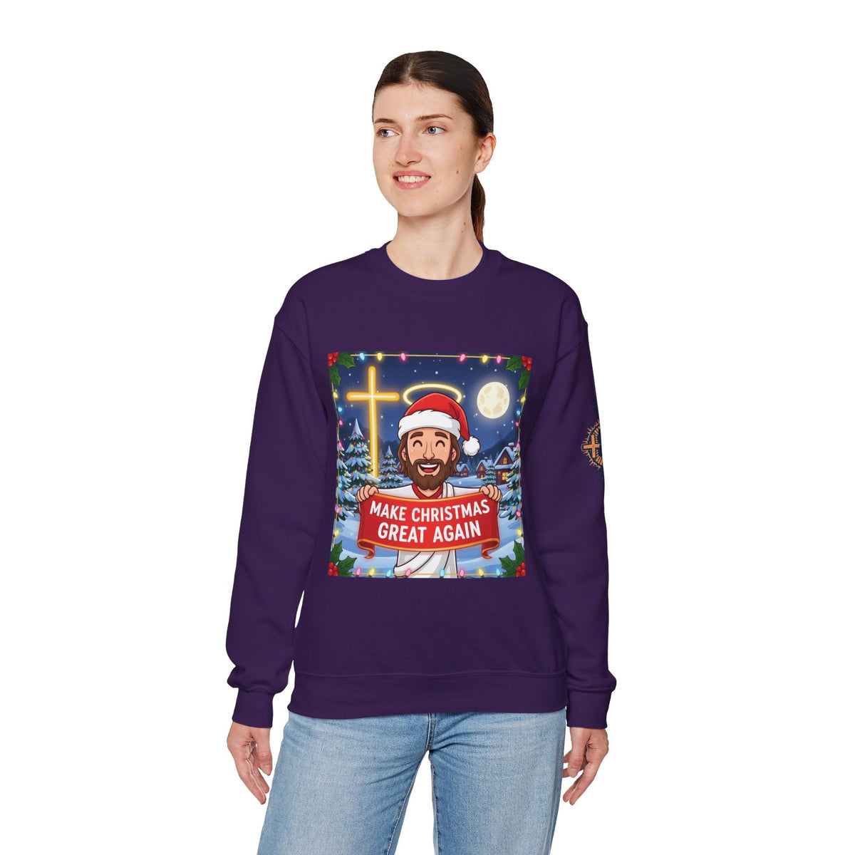 🎄 Make Christmas Great Again – Funny Christian Sweatshirt | Jesus Holding Banner | Faith-Based Holiday Parody Tee | Uplifted Gear Printify