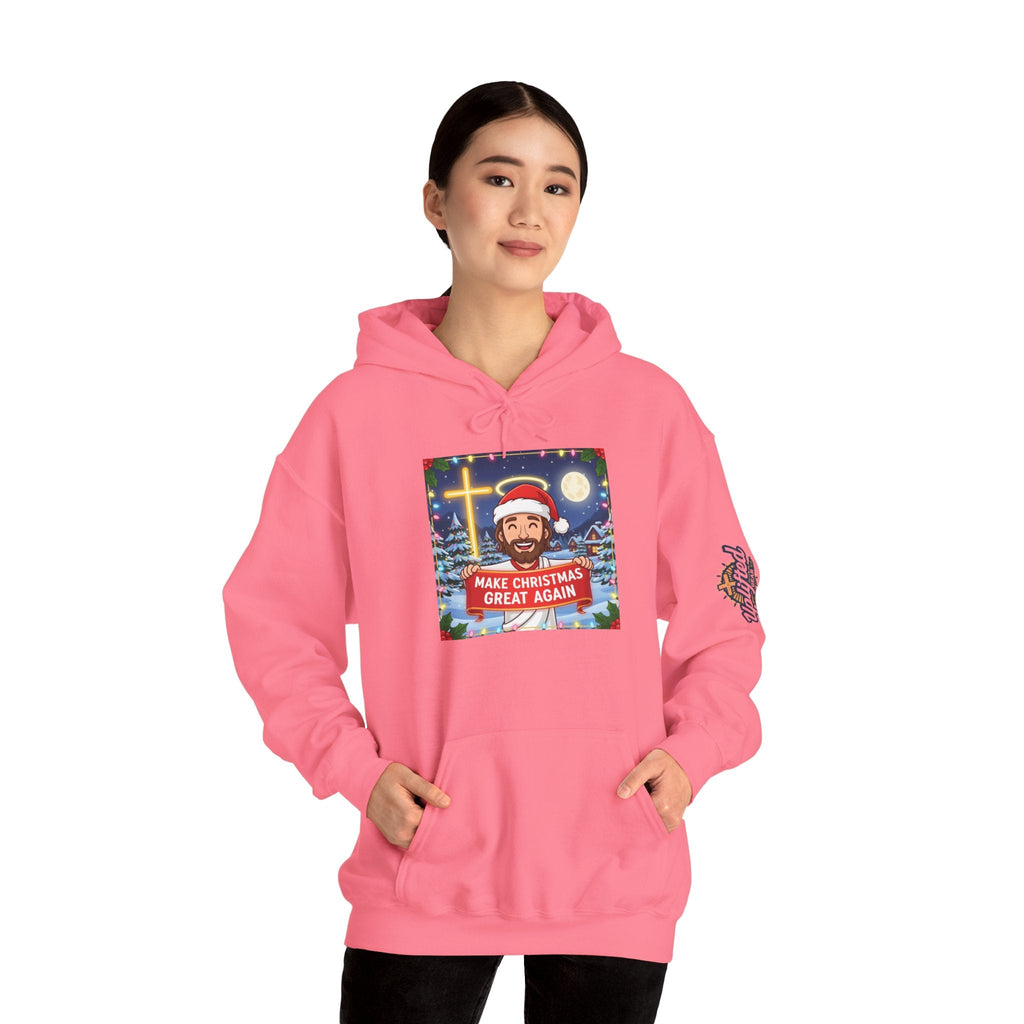 🎄 Make Christmas Great Again – Funny Christian Hoodie | Jesus Holding Banner | Faith-Based Holiday Parody Tee | Uplifted Gear Printify