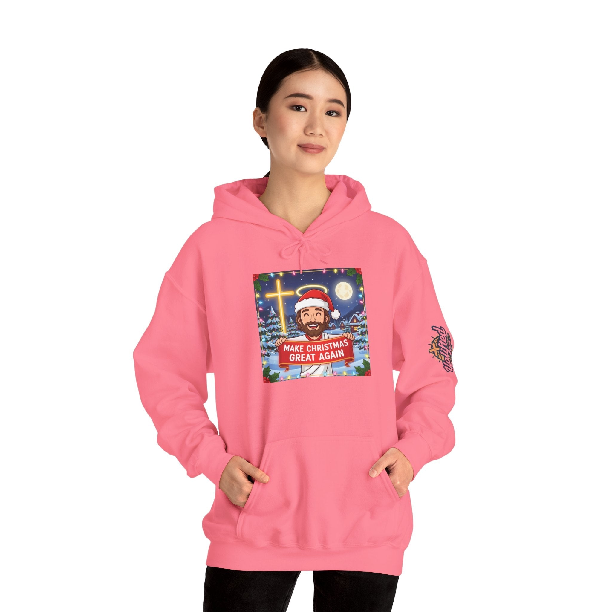 🎄 Make Christmas Great Again – Funny Christian Hoodie | Jesus Holding Banner | Faith-Based Holiday Parody Tee | Uplifted Gear Printify