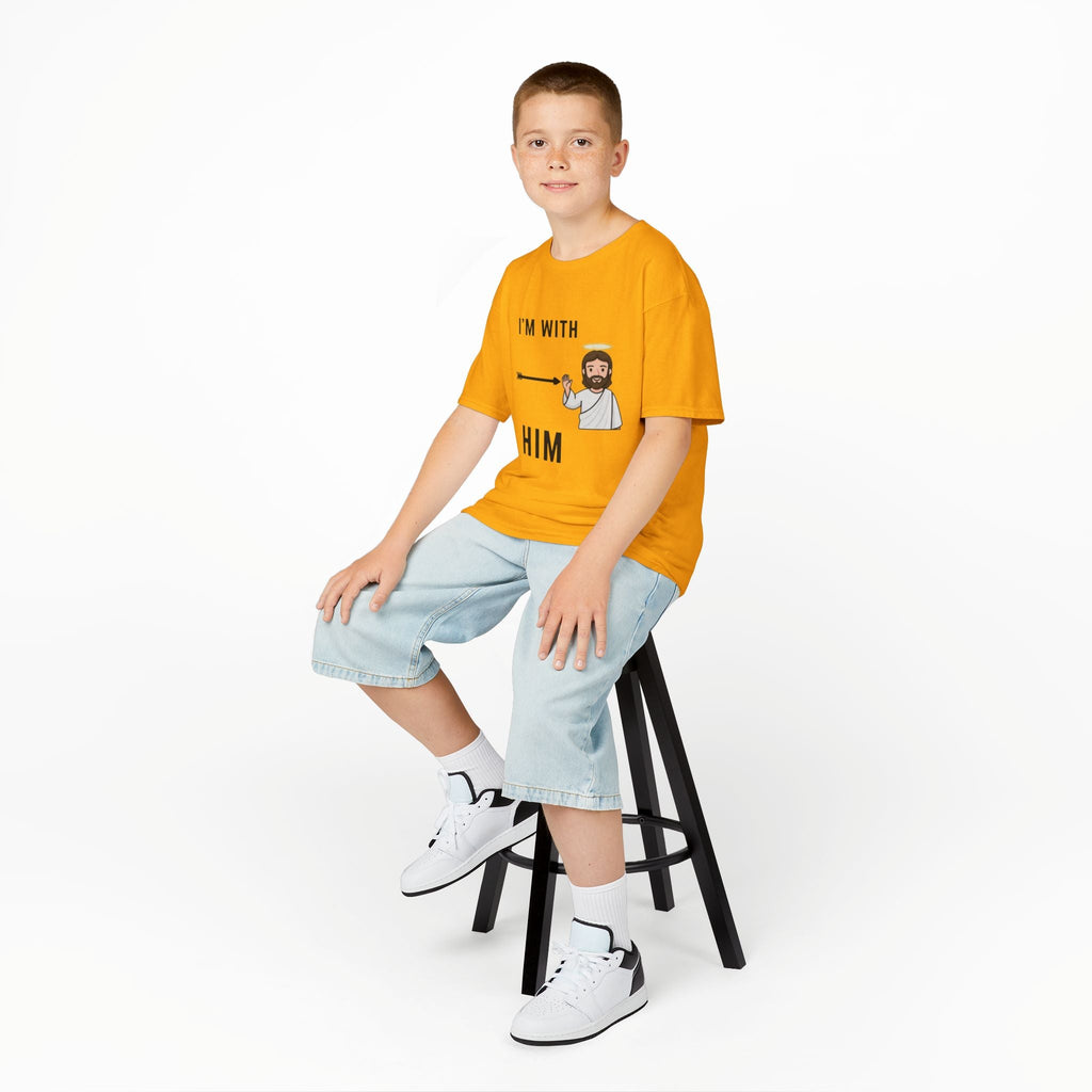 🔥 I’m With Him → Christian Kids T-Shirt | Arrow Pointing to Jesus | Minimalist Faith Tee | Subtle Cross Design | Bible-Inspired Apparel by Uplifted Gear Printify