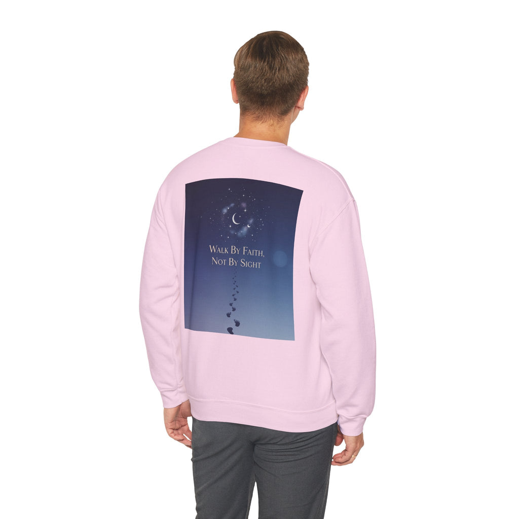 Walk by Faith, Not by Sight Sweatshirt – Moonlit Footprints Christian Sweatshirt for Cozy Nights Printify