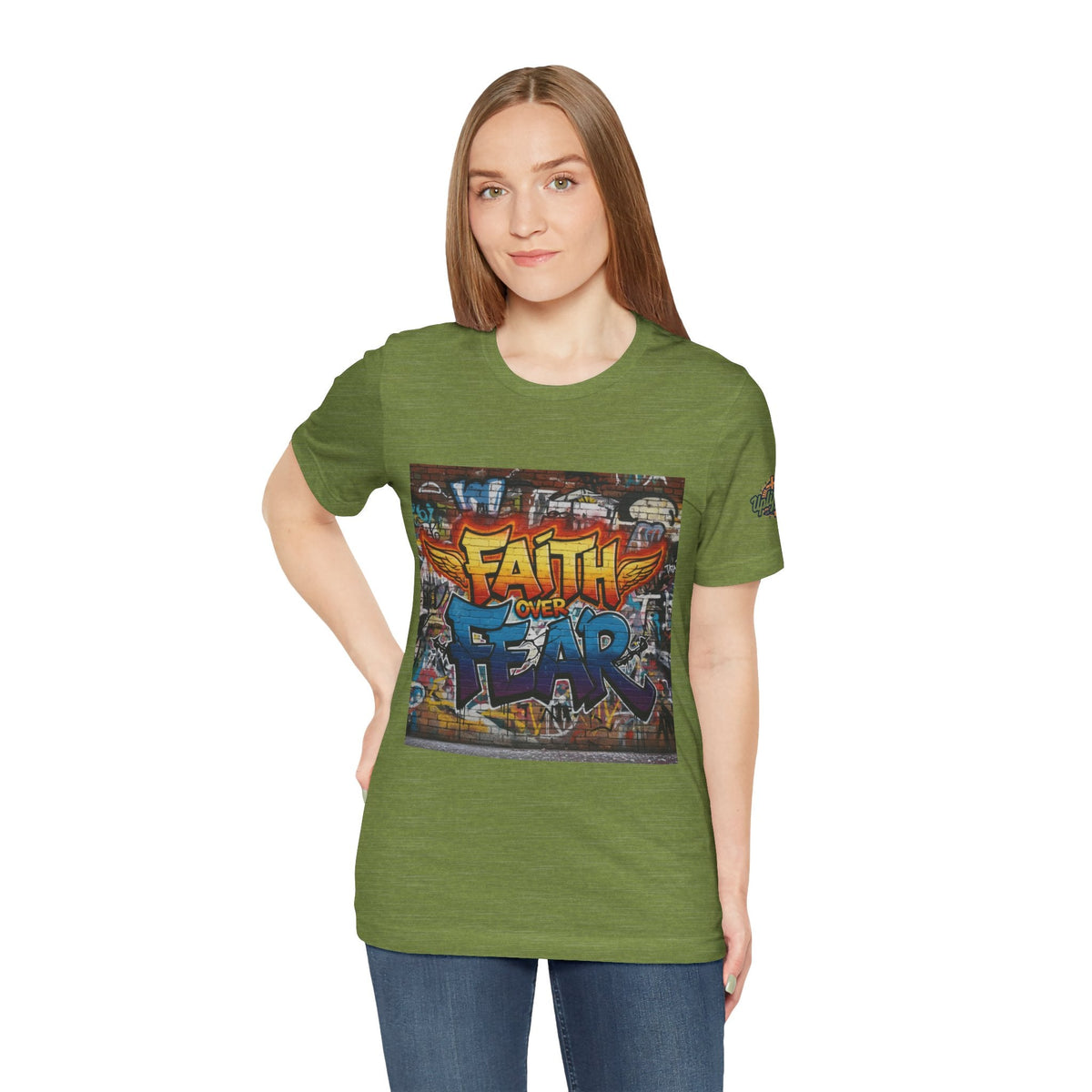 Faith Over Fear T-shirt – Graffiti Wall Christian T-shirt for Bold 2 Corinthians 5:7 Streetwear & Unshakable Faith Printify