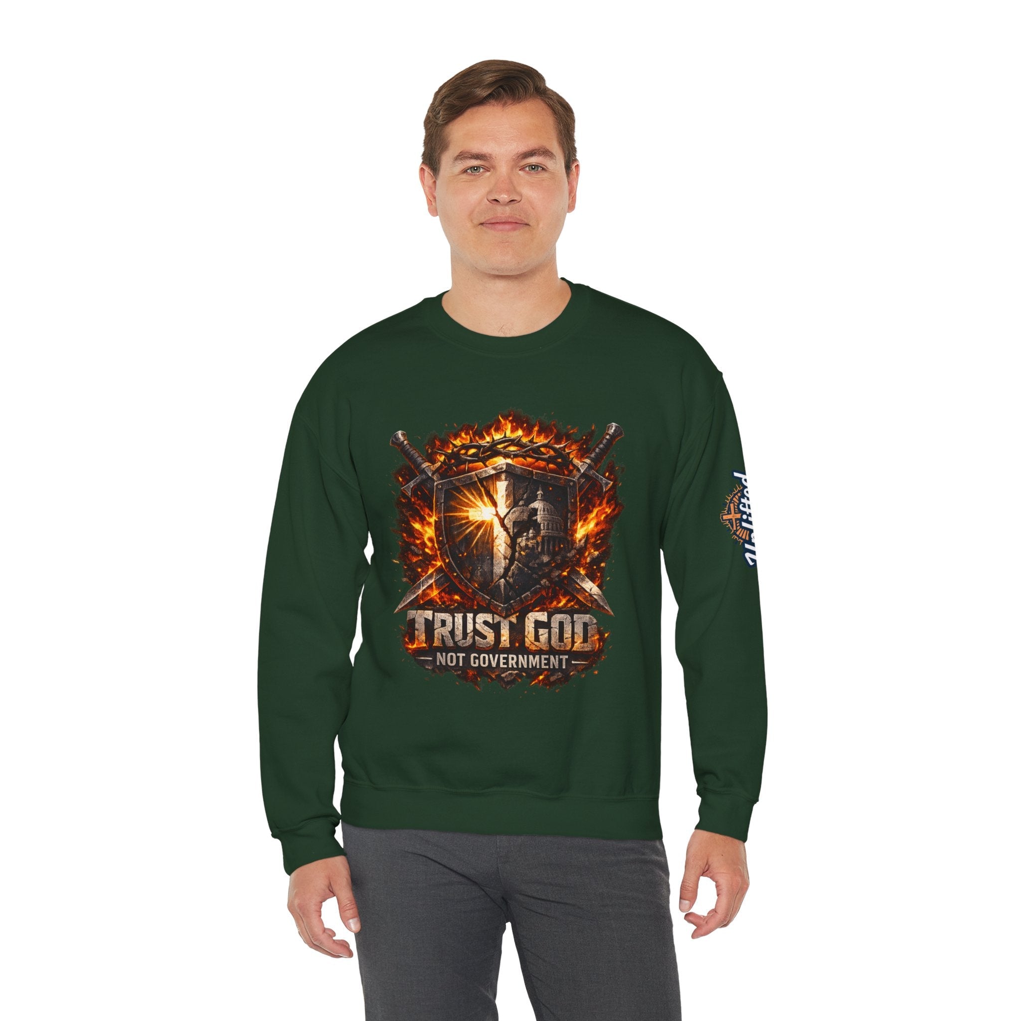 Trust God Not Government Shield Sweatshirt — Patriotic Christian Faith Sweatshirt Printify