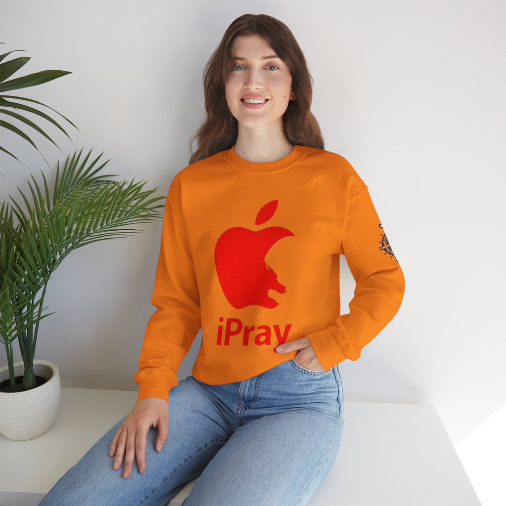iPray Apple Logo Sweatshirt — Funny Christian Sweatshirt (Minimal Red Apple Graphic) Printify