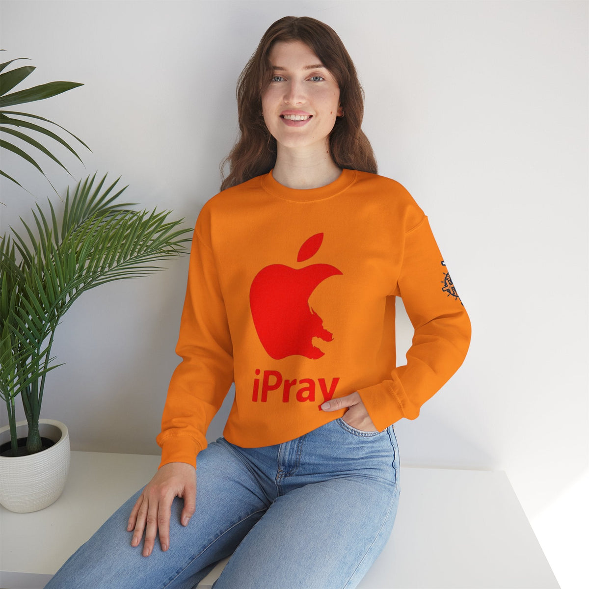 iPray Apple Logo Sweatshirt — Funny Christian Sweatshirt (Minimal Red Apple Graphic) Printify