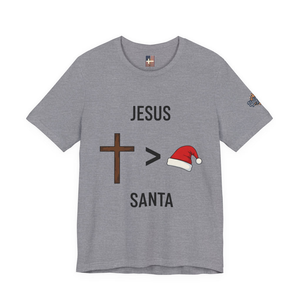 🎄 Jesus > Santa – Minimalist Christian Christmas T-Shirt | Bold Faith Over Holiday Tee | Cross vs Santa Hat Design | Uplifted Gear Printify