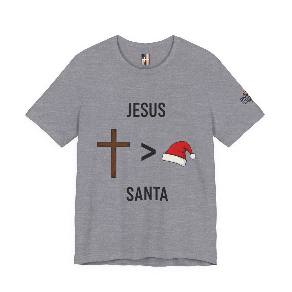 🎄 Jesus > Santa – Minimalist Christian Christmas T-Shirt | Bold Faith Over Holiday Tee | Cross vs Santa Hat Design | Uplifted Gear Printify