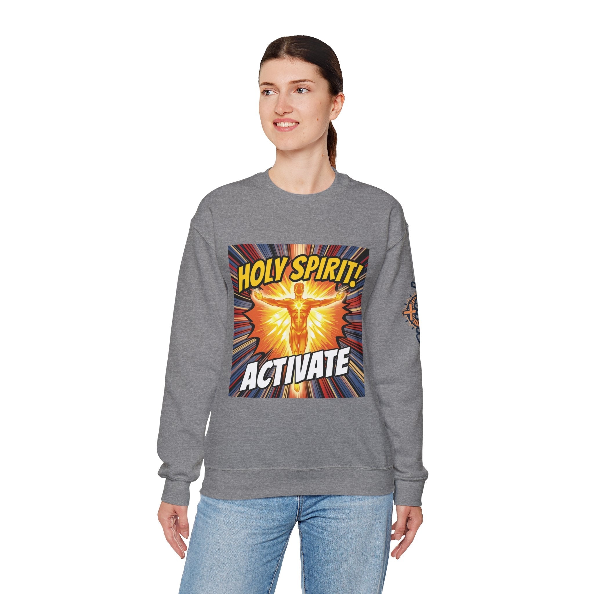 Holy Spirit Activate Sweatshirt – Superhero Christian Sweatshirt with Vibrant Power-Up Design for Faith-Fueled Boldness Printify