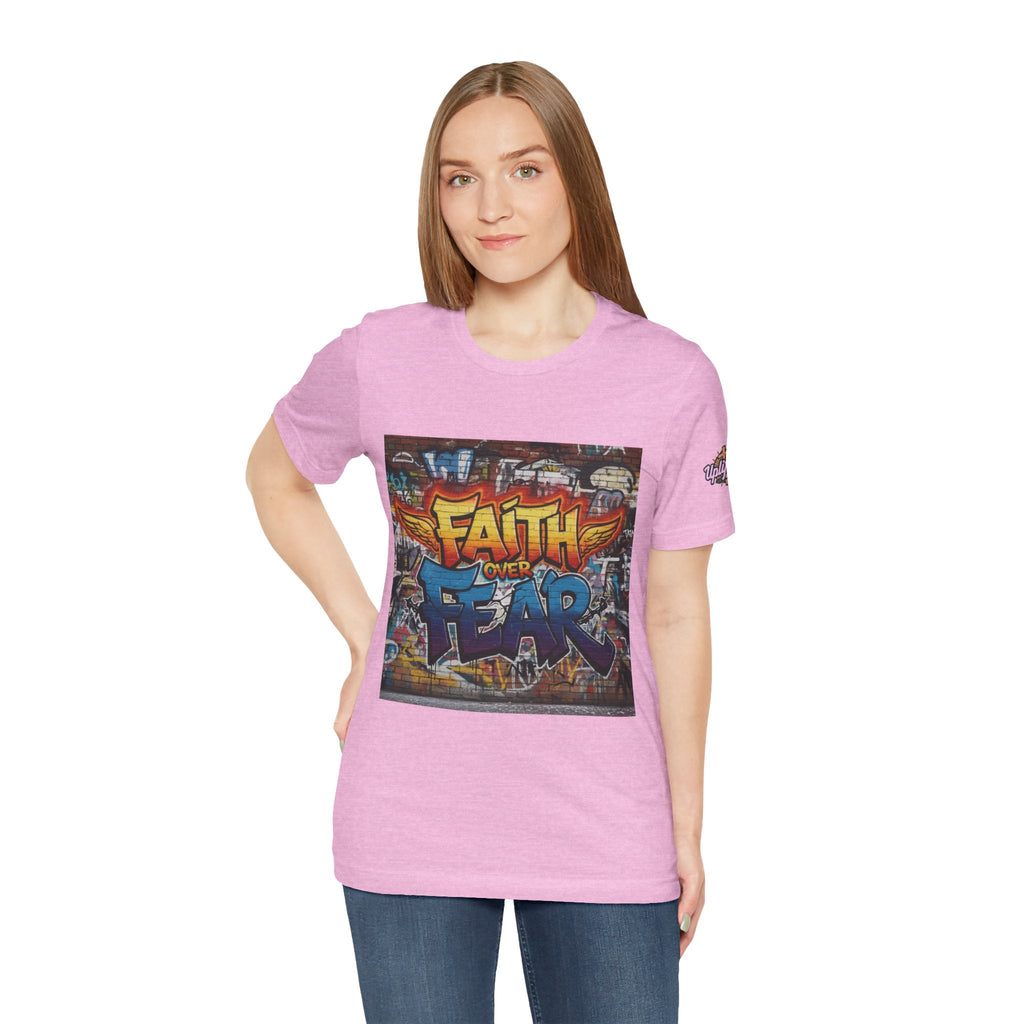 Faith Over Fear T-shirt – Graffiti Wall Christian T-shirt for Bold 2 Corinthians 5:7 Streetwear & Unshakable Faith Printify