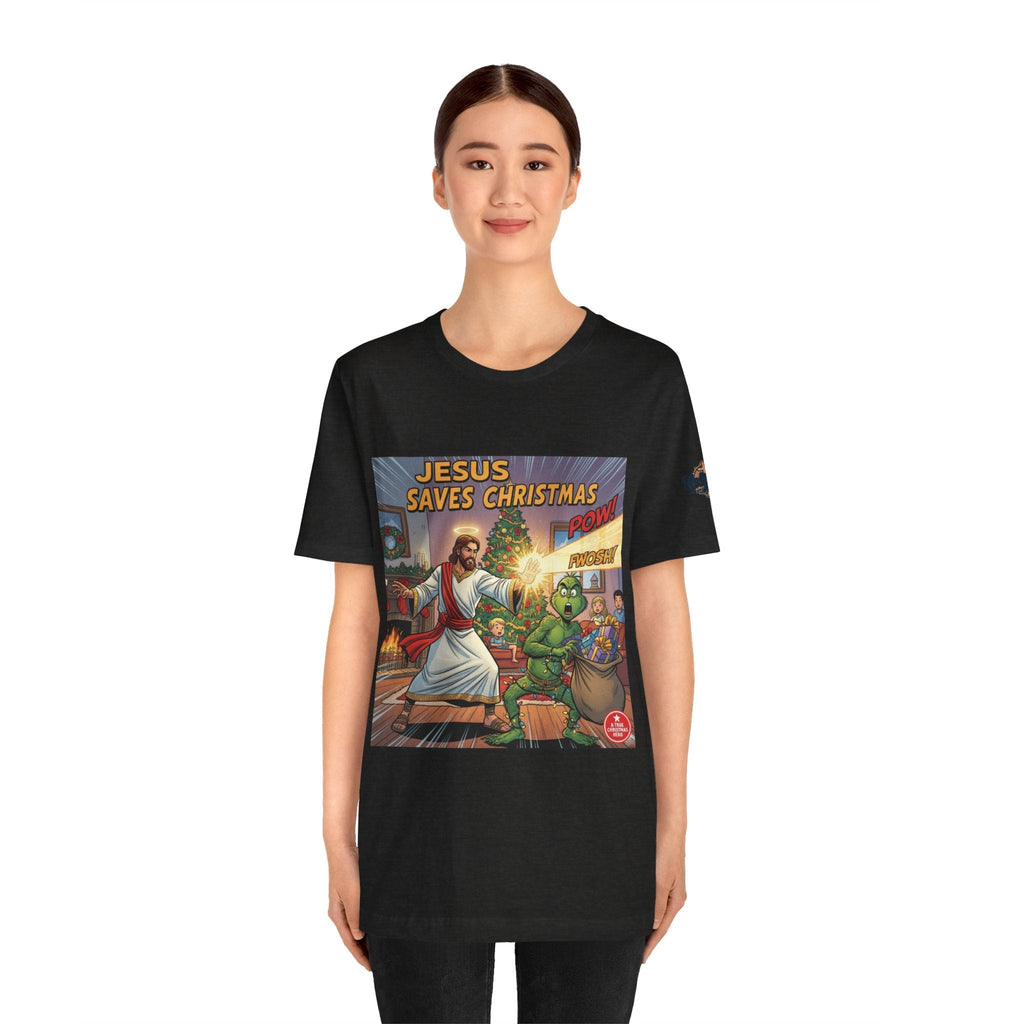 Jesus Saves Christmas T-shirt – Grinch vs Savior Light Battle Christian T-shirt for Hilarious Holiday Faith & True Joy Printify