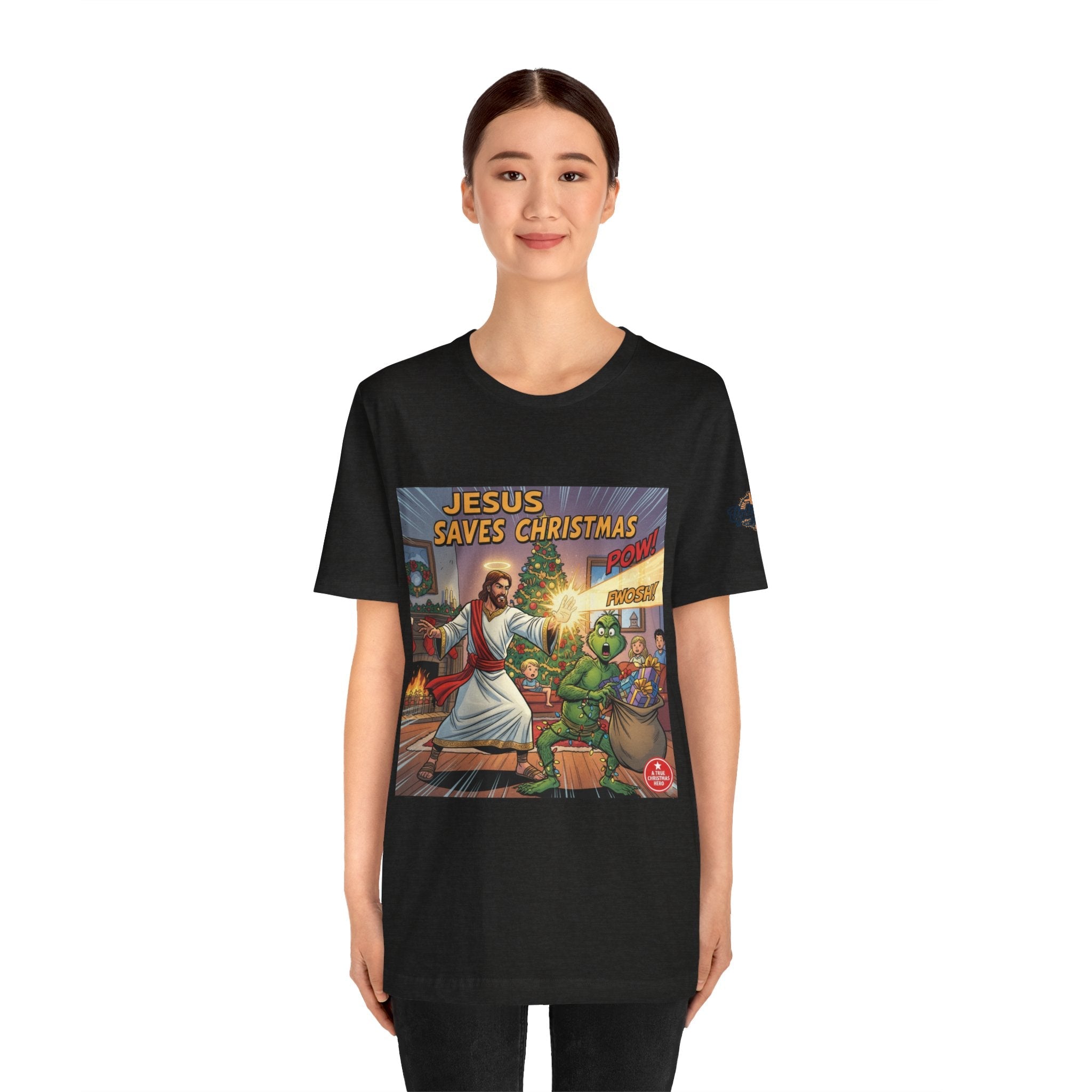 Jesus Saves Christmas T-shirt – Grinch vs Savior Light Battle Christian T-shirt for Hilarious Holiday Faith & True Joy Printify
