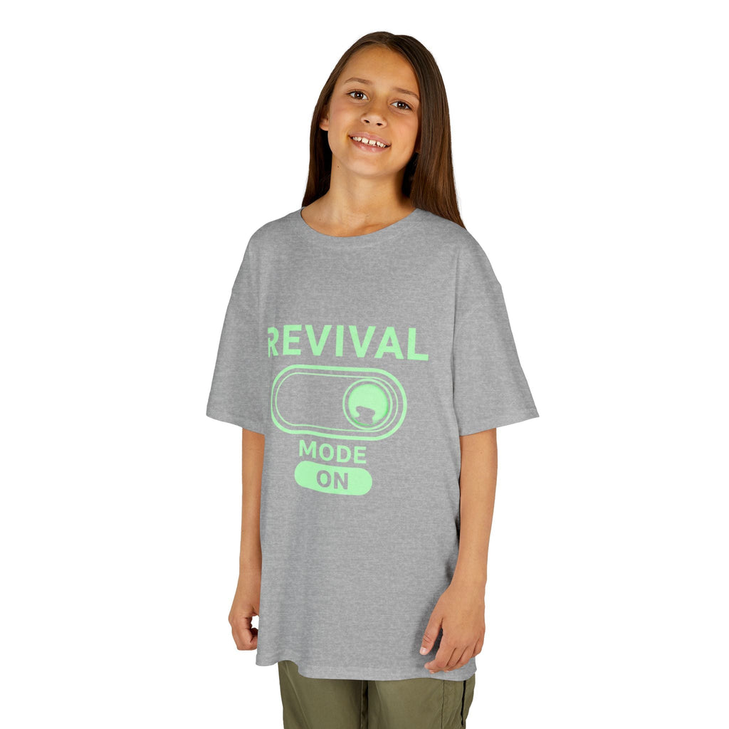 🔥 Revival Mode: ON – Christian Techwear Kids T-Shirt | Glowing Green Faith Switch | Futuristic Jesus Shirt | Activate Your Spiritual Awakening | Uplifted Gear Printify