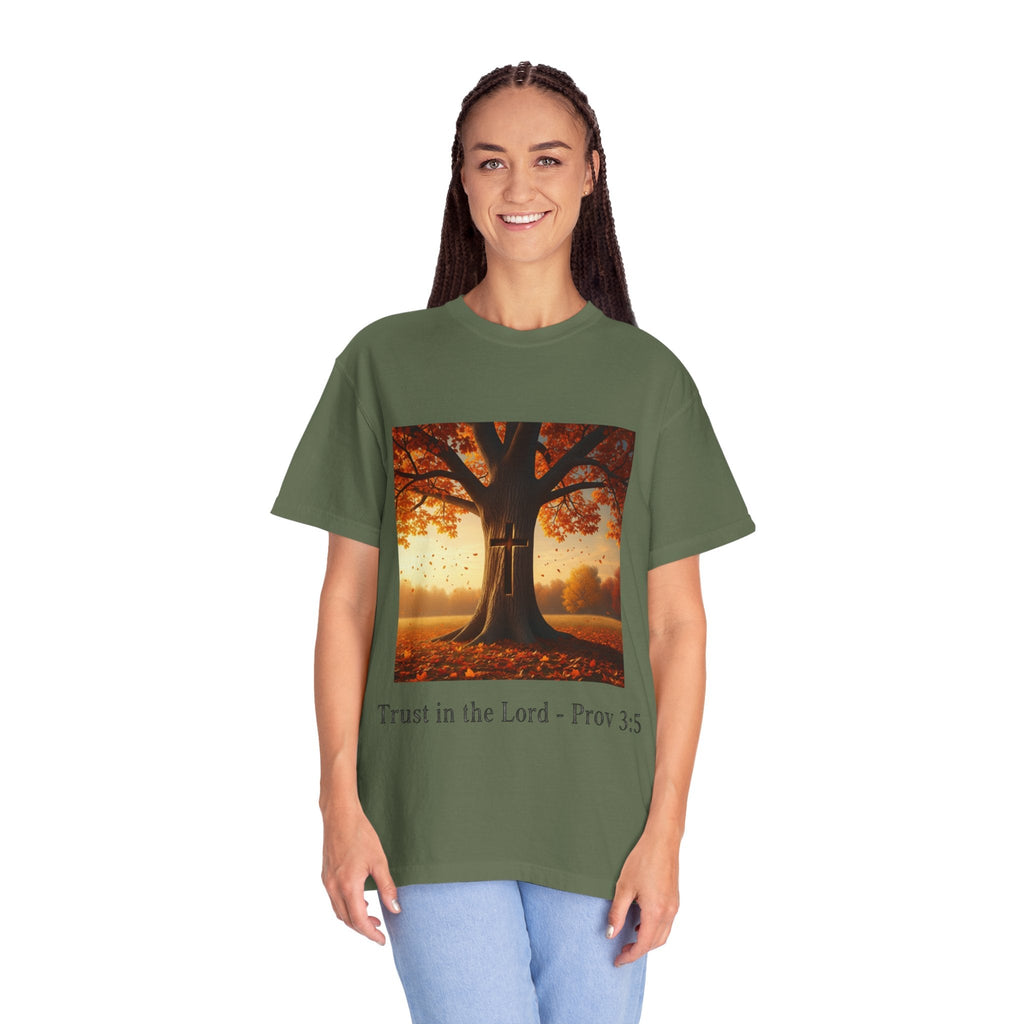 Trust in the Lord T-Shirt – Autumn Tree Christian Tee with Proverbs 3:5 Printify