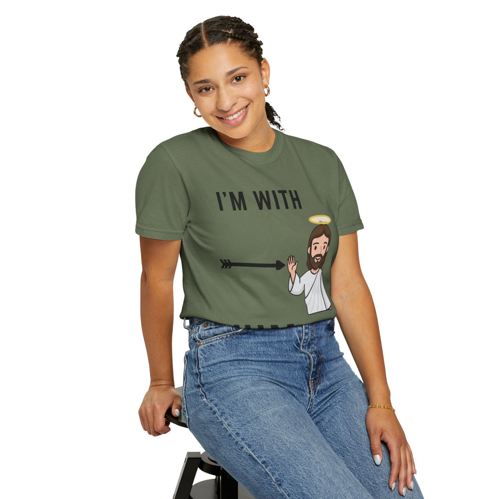 🔥 I’m With Him → Christian T-Shirt | Arrow Pointing to Jesus | Minimalist Faith Tee | Subtle Cross Design | Bible-Inspired Apparel by Uplifted Gear Printify