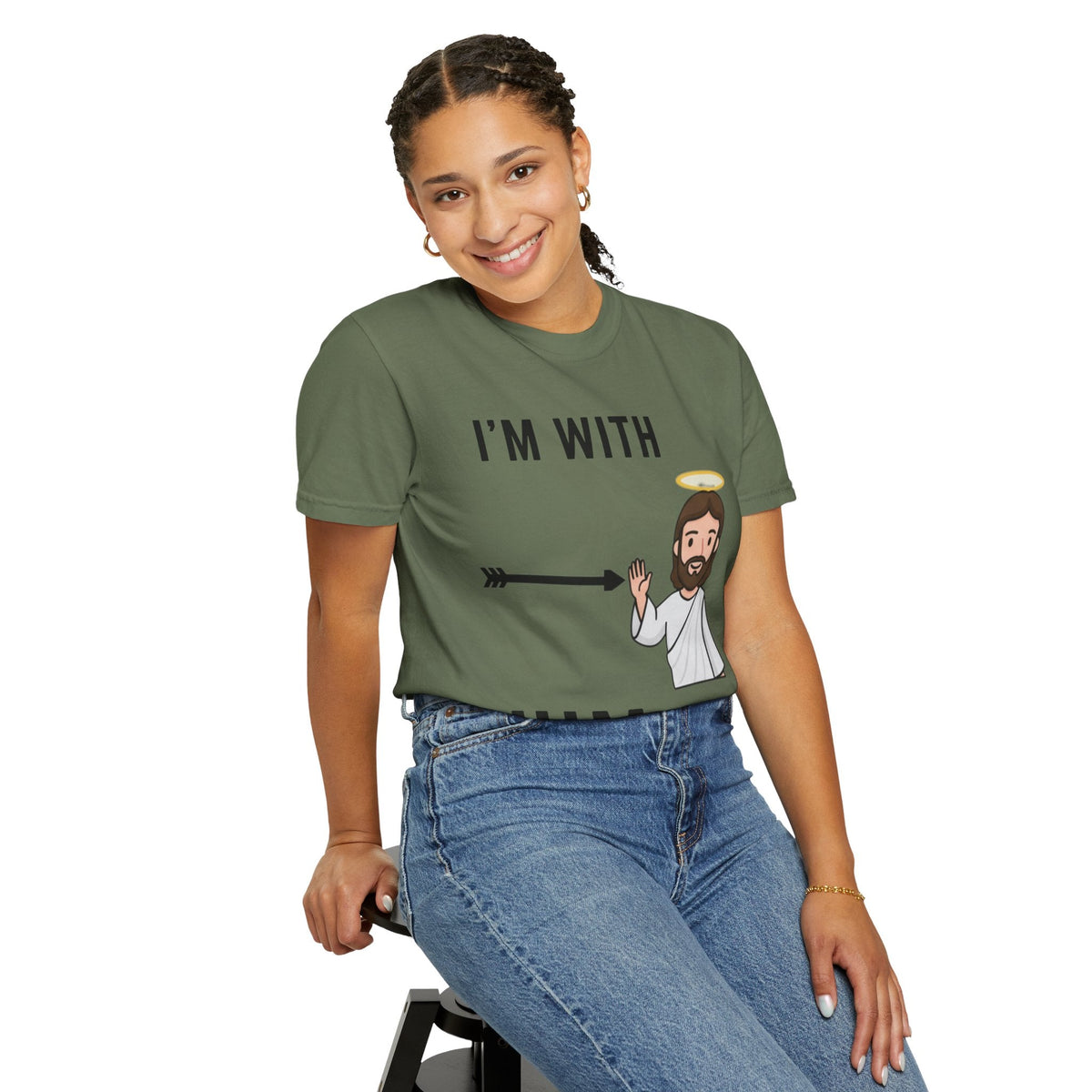 🔥 I’m With Him → Christian T-Shirt | Arrow Pointing to Jesus | Minimalist Faith Tee | Subtle Cross Design | Bible-Inspired Apparel by Uplifted Gear Printify