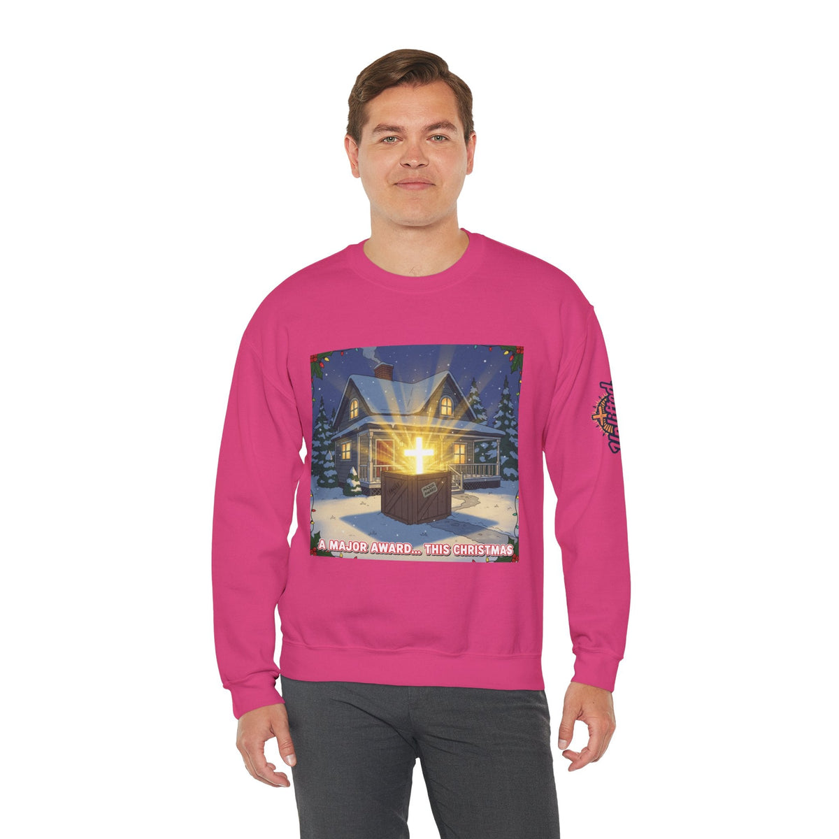 A Major Award This Christmas Sweatshirt – Fragile Leg Lamp Parody Cross Unboxing Christian Sweatshirt for Hilarious Faith & Holiday Glow Printify