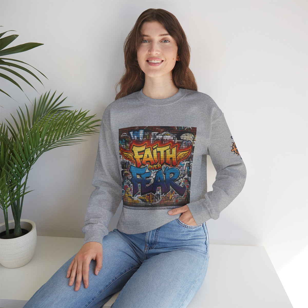 Faith Over Fear Sweatshirt – Graffiti Wall Christian Sweatshirt for Bold 2 Corinthians 5:7 Streetwear & Unshakable Faith Printify