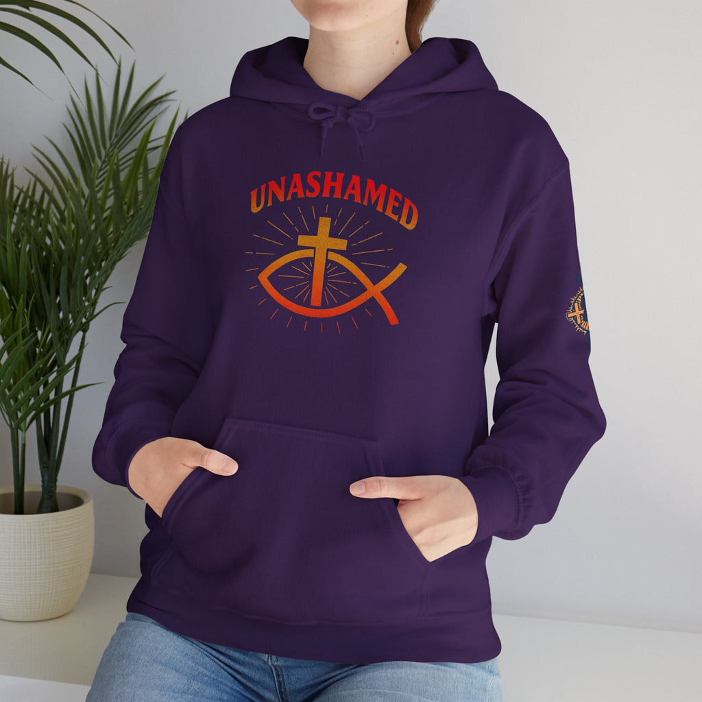 Unashamed Hoodie – Ichthys Jesus Fish & Cross Christian Sweatshirt for Romans 1:16 Bold Faith Printify