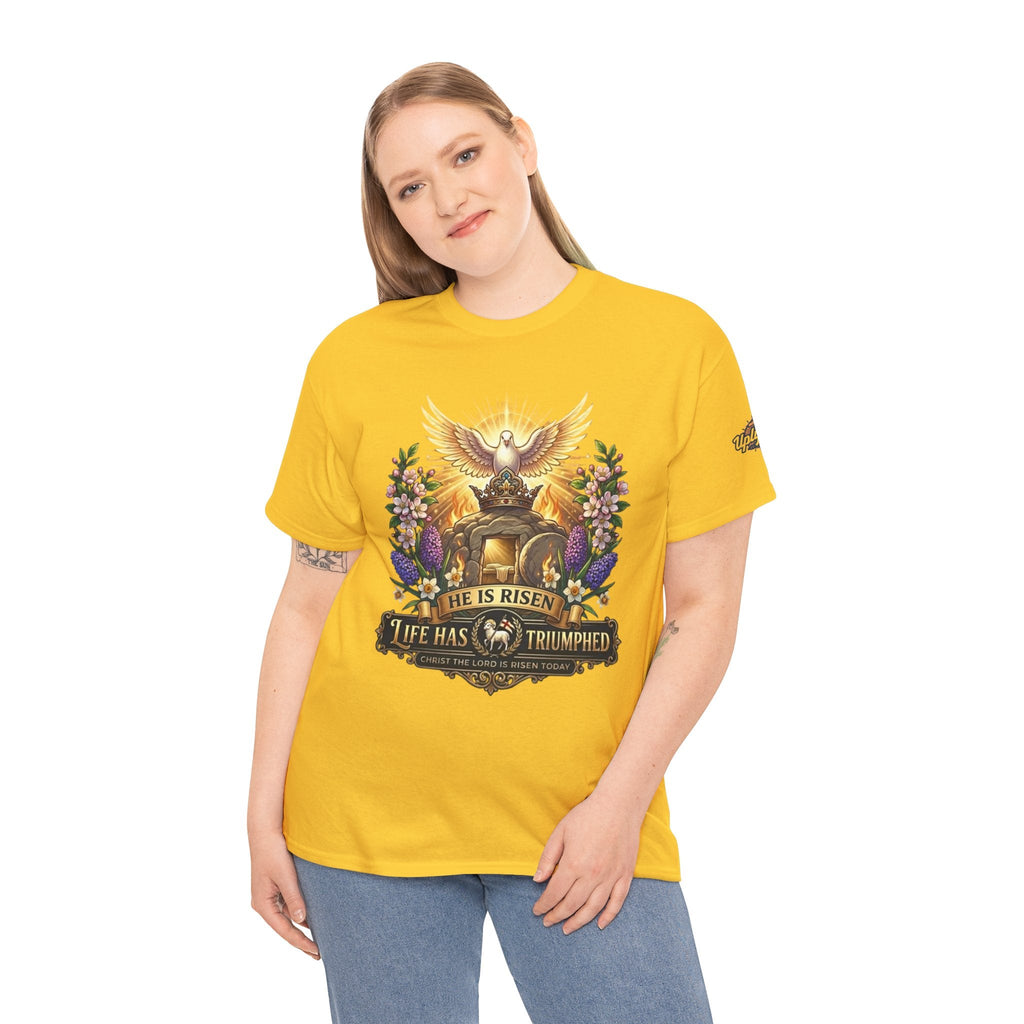 He Is Risen "Life Has Triumphed" T-Shirt — Easter Resurrection Christian Tee Printify