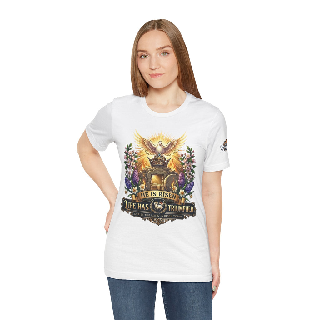 He Is Risen "Life Has Triumphed" T-Shirt — Easter Resurrection Christian Tee Printify