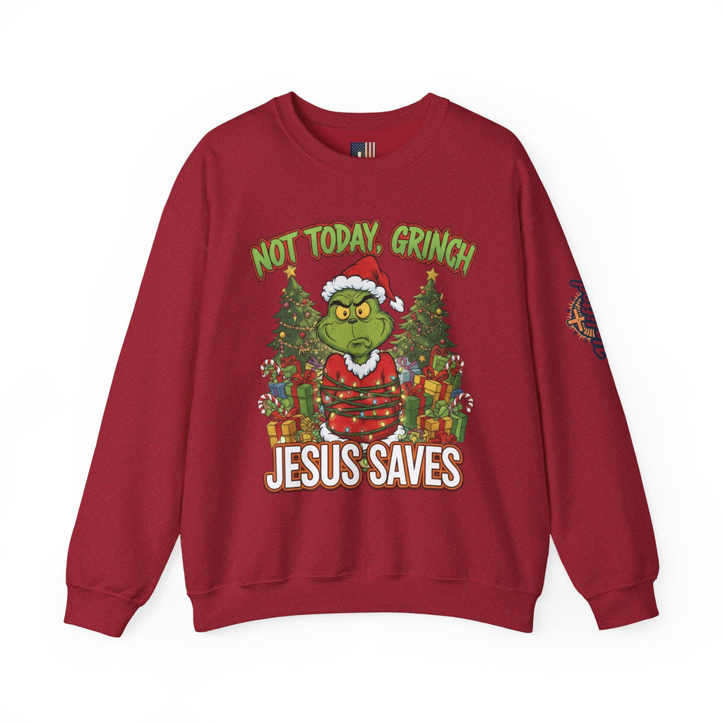🎄 Not Today, Grinch – Jesus Saves | Funny Christian Christmas Sweatshirt | Sulking Grinch & Glowing Cross | Bold Neon Faith Tee by Uplifted Gear Printify