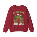 🎄 Not Today, Grinch – Jesus Saves | Funny Christian Christmas Sweatshirt | Sulking Grinch & Glowing Cross | Bold Neon Faith Tee by Uplifted Gear Printify