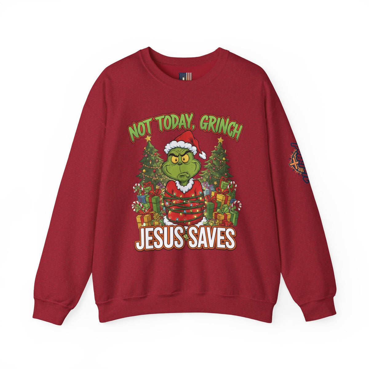 🎄 Not Today, Grinch – Jesus Saves | Funny Christian Christmas Sweatshirt | Sulking Grinch & Glowing Cross | Bold Neon Faith Tee by Uplifted Gear Printify