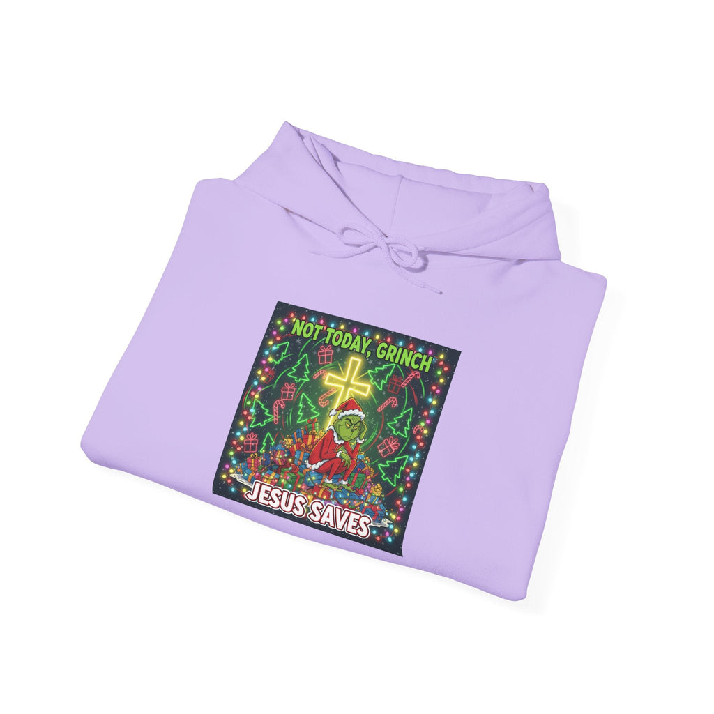 🎄 Not Today, Grinch – Jesus Saves | Funny Christian Christmas Hoodie | Festive Green & Red Cartoon Style | Bold Faith Holiday Tee by Uplifted Gear Printify