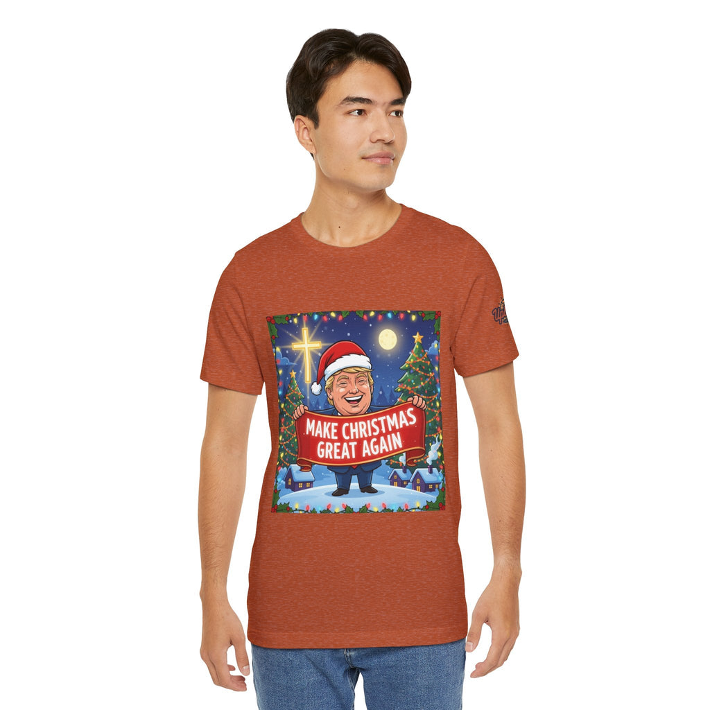 🎄 Make Christmas Great Again – Patriotic Christian Christmas T-Shirt | Bold Holiday Faith Tee | Red & White Banner Design | Uplifted Gear Printify