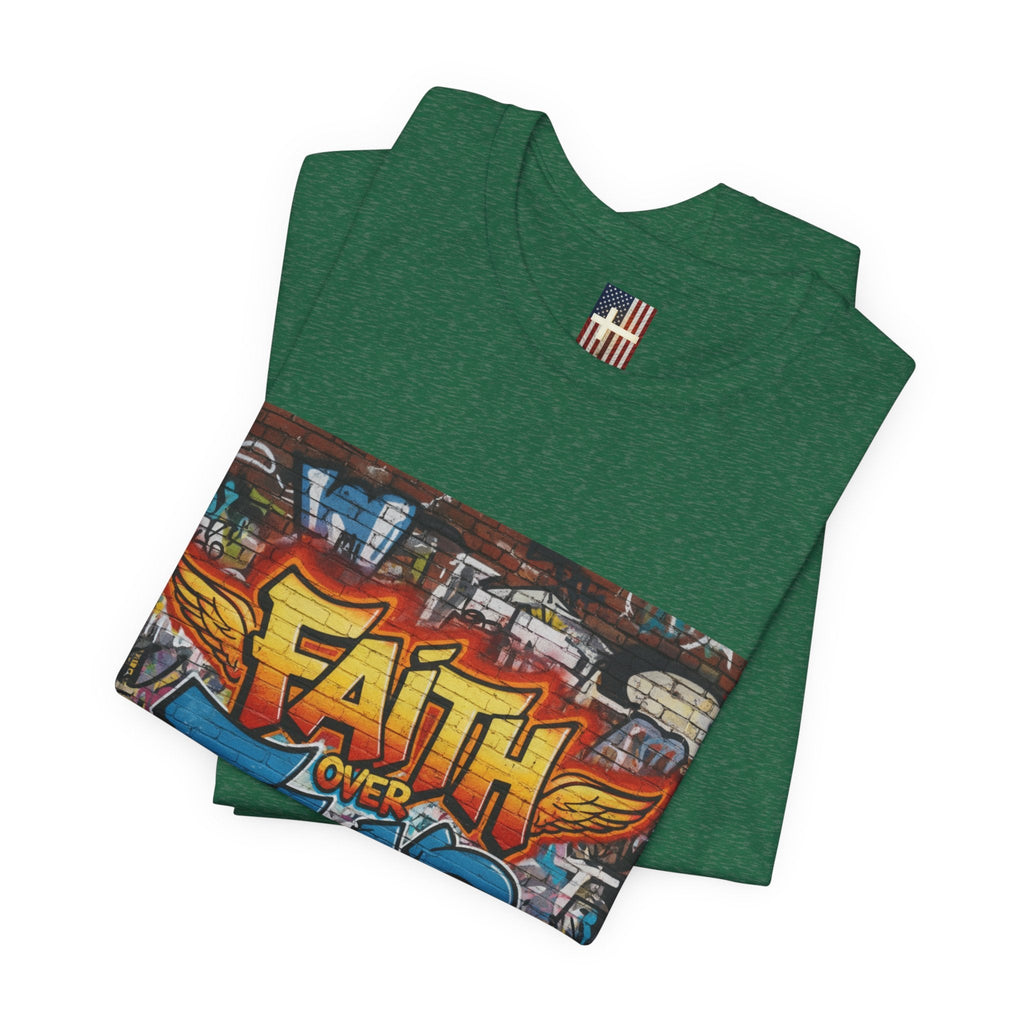Faith Over Fear T-shirt – Graffiti Wall Christian T-shirt for Bold 2 Corinthians 5:7 Streetwear & Unshakable Faith Printify
