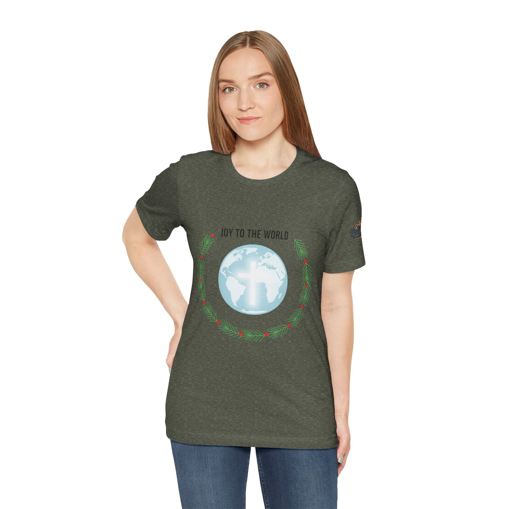 Joy to the World T-shirt – Wreath Earth Nativity Christian Christmas T-shirt for Isaiah 9:6 Holiday Faith & Festive Joy Printify