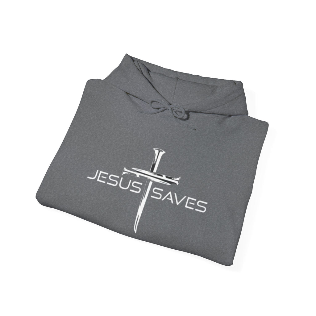 Jesus Saves Hoodie – 3 Nails Crucifix Cross Christian Sweatshirt for Redemption Faith & Bold Salvation Printify