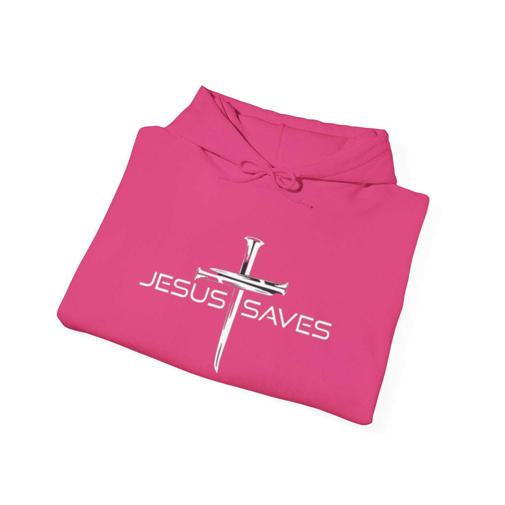 Jesus Saves Hoodie – 3 Nails Crucifix Cross Christian Sweatshirt for Redemption Faith & Bold Salvation Printify