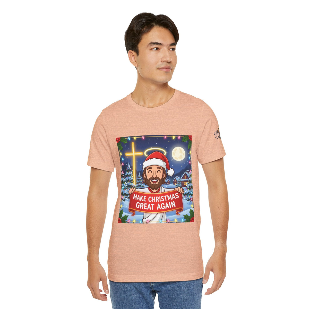 🎄 Make Christmas Great Again – Funny Christian T-Shirt | Jesus Holding Banner | Faith-Based Holiday Parody Tee | Uplifted Gear Printify