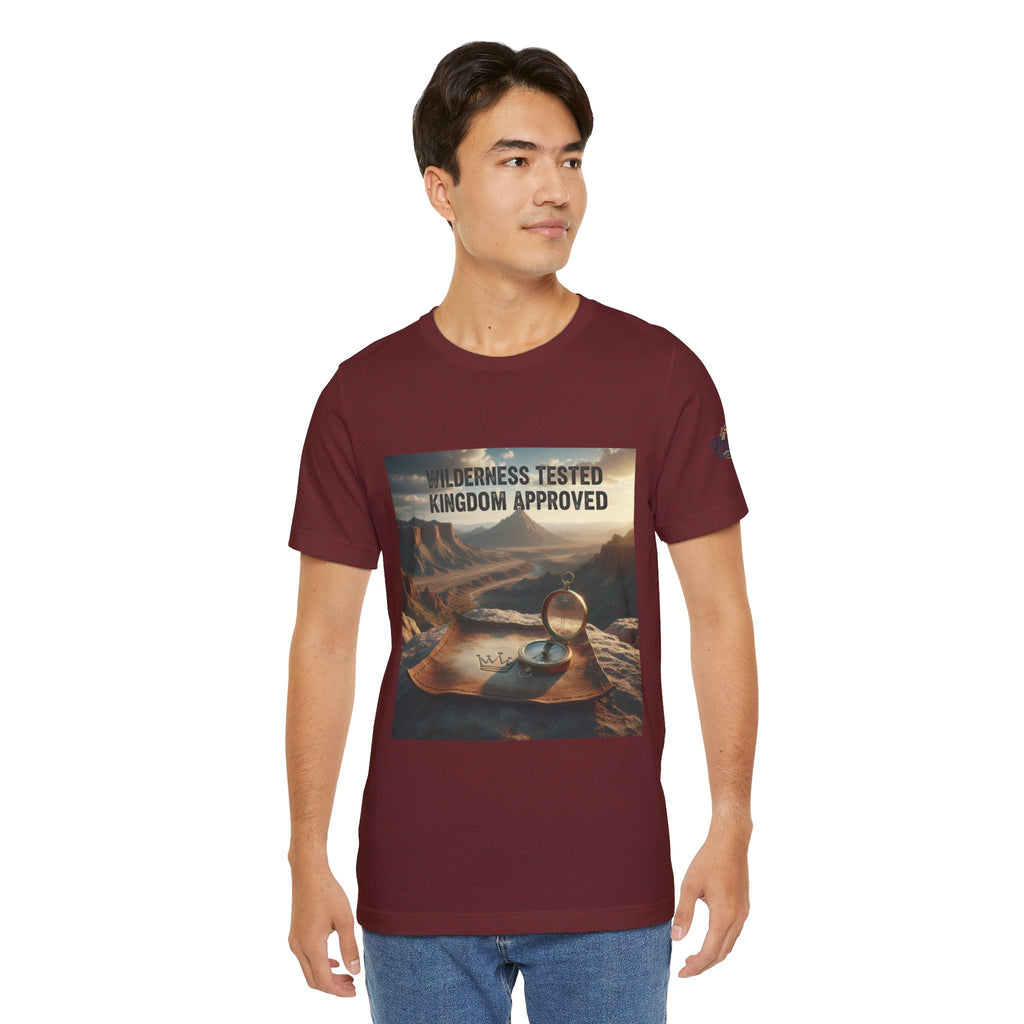 Wilderness Tested Kingdom Approved T-shirt – Mountain Desert Compass Crown Christian T-shirt for Biblical Adventure Faith Printify