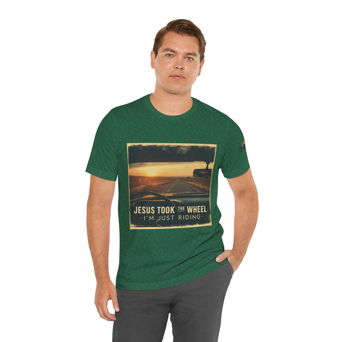 Jesus Took the Wheel I'm Just Riding T-shirt – Funny Christian Convertible Car T-shirt for Surrendered Faith & Humor Printify