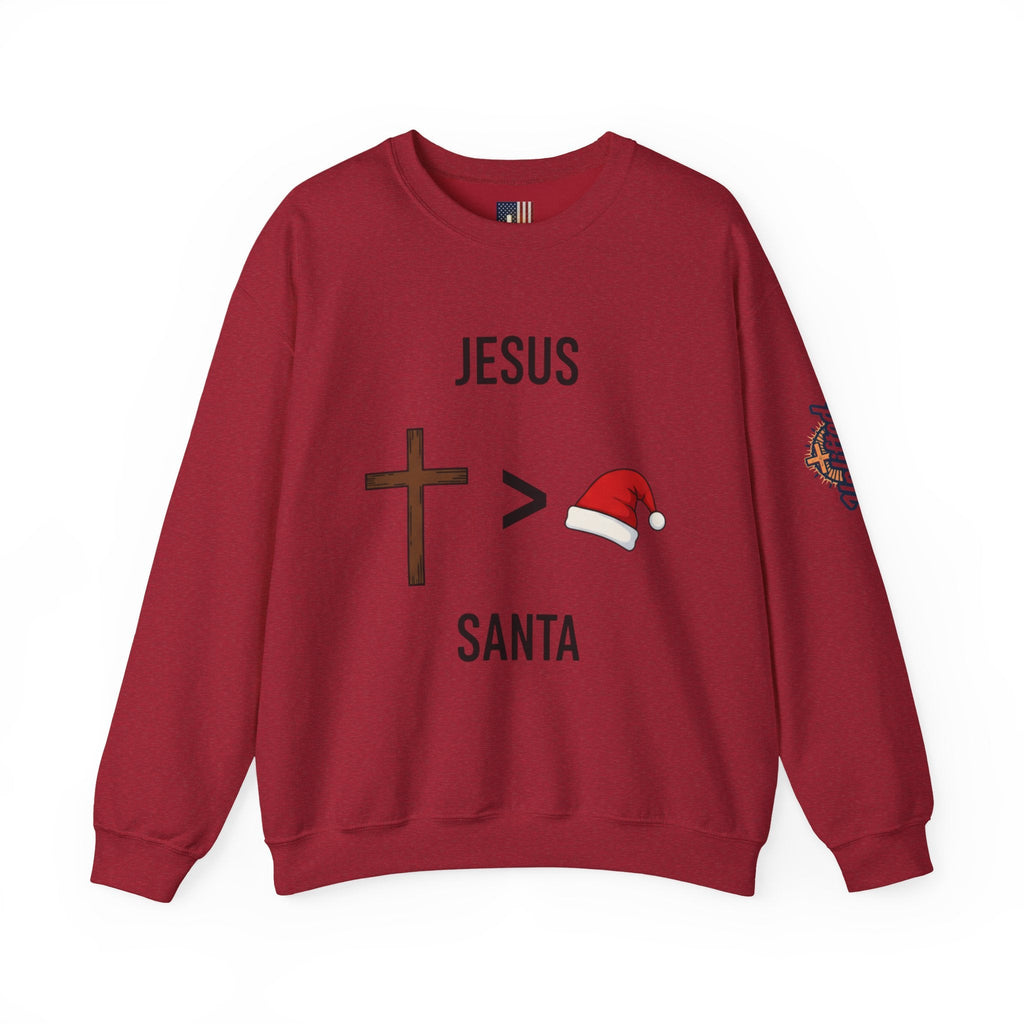 🎄 Jesus > Santa – Minimalist Christian Christmas Sweatshirt | Bold Faith Over Holiday Tee | Cross vs Santa Hat Design | Uplifted Gear Printify