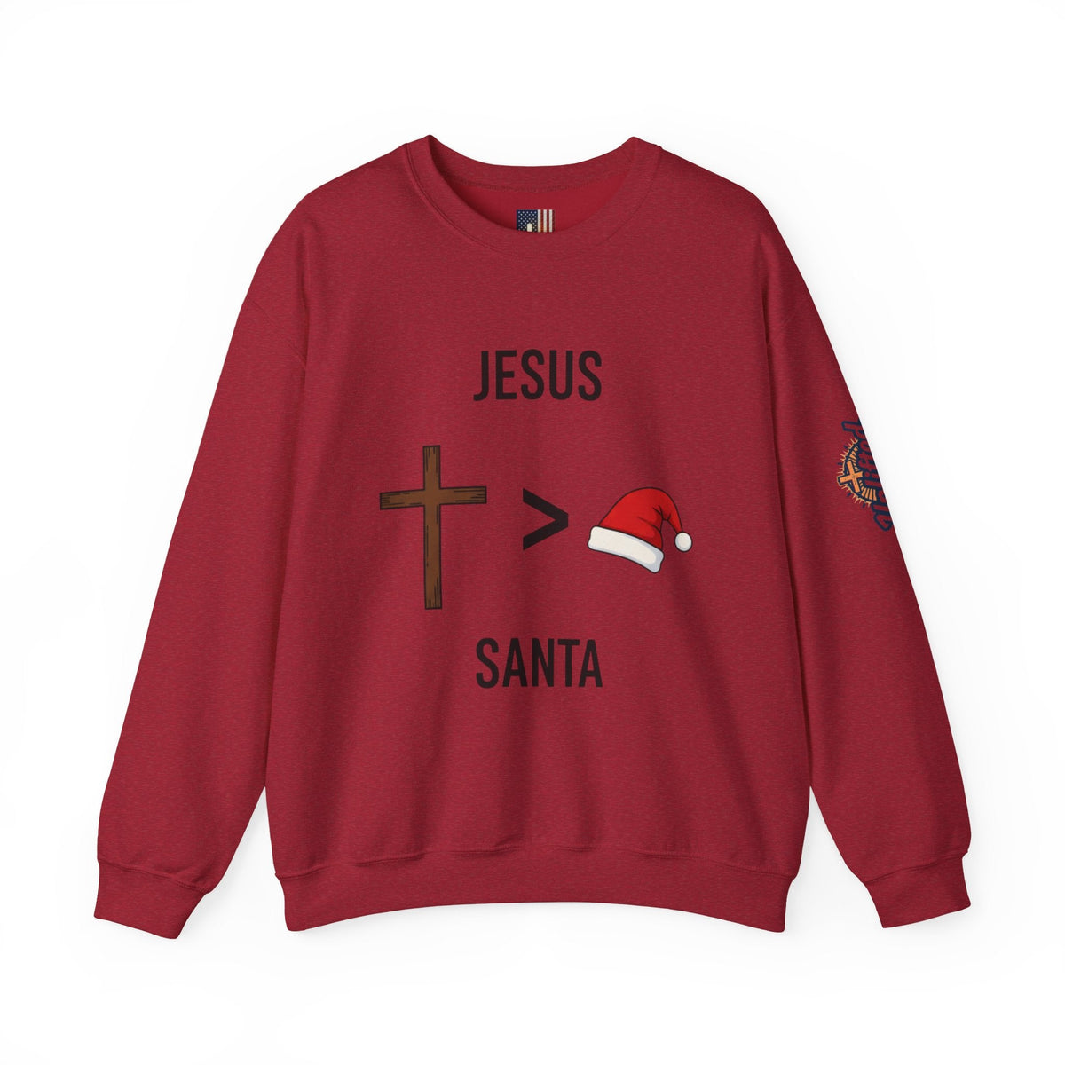 🎄 Jesus > Santa – Minimalist Christian Christmas Sweatshirt | Bold Faith Over Holiday Tee | Cross vs Santa Hat Design | Uplifted Gear Printify
